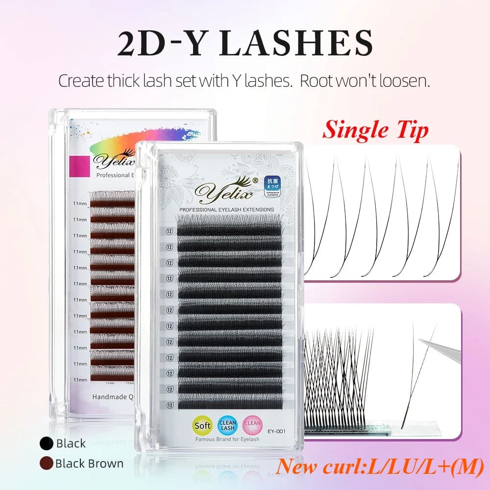 Наращивание ресниц Dark Brown, пучки Y-образные 2D, ультратонкие готовые веера